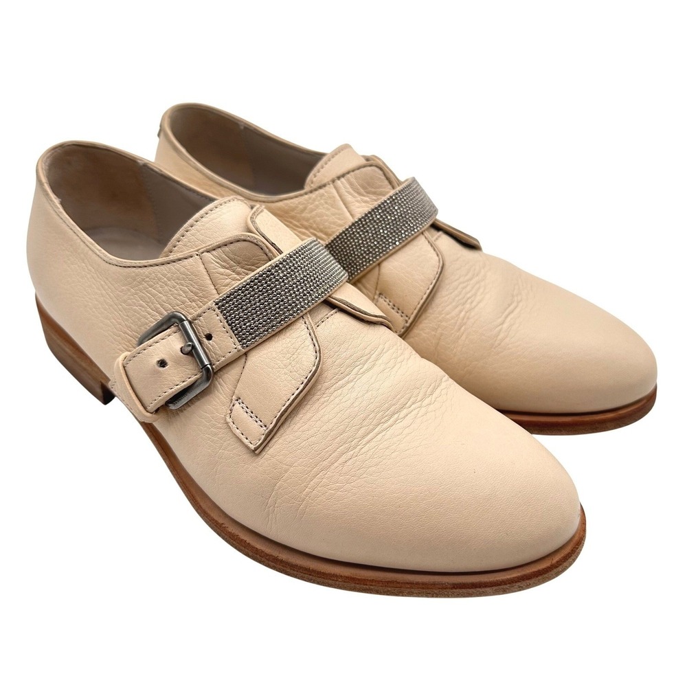 Brunello Cucinelli Beige Leather Monili Bead Monk Strap Loafers Shoes 36.5/6.5